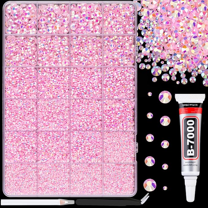 25000Pcs Resin Rhinestones for Crafting, Light Pink AB 2-6mm Mixed Sizes Non Hotfix Flatback Gems with 1Pcs Glue, Bedazzling Crystal for DIY Craft Clothing Mugs Tumblers Shoes Fabric Decor Nail Art