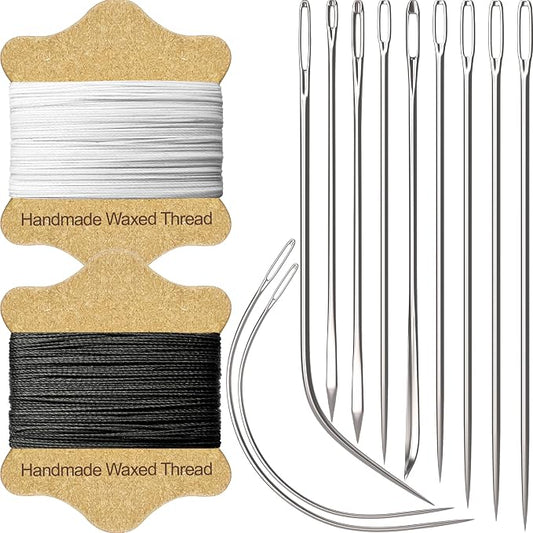 VONEEDL Upholstery Repair Kit: Waxed Sewing Thread (2 Colors: Black and White) & Heavy Duty Needles (11 PCS) for Leather, Canvas & Quilting Thread