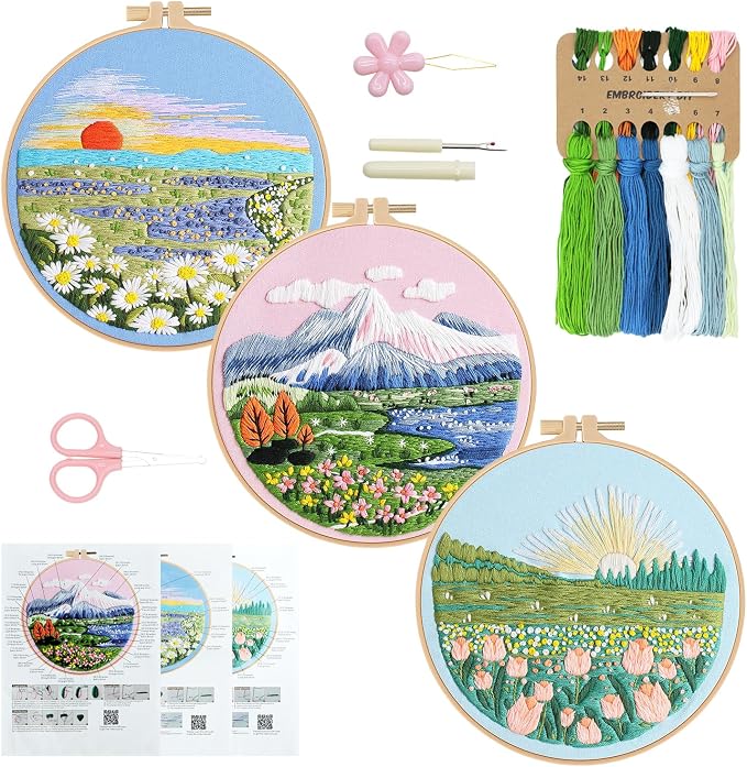 RidaaFri Embroidery Kit for Beginners, 3PC Floral Mount Sunshine Patterns | Stamped DIY Kits for Adults Starter, Hand Embroidery Practice Set with Step-by-Step Video Tutorial Include Hoop Needles Floss