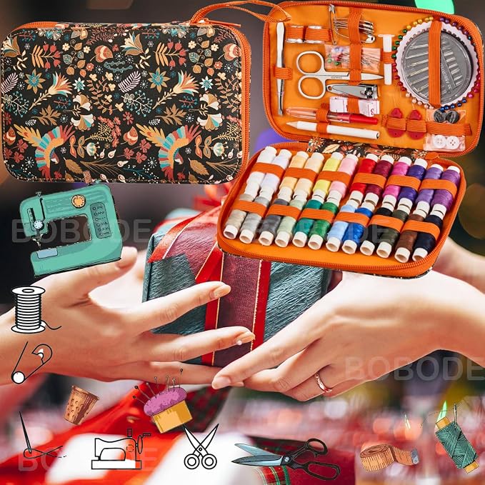 130 PCS Printing Travel Sewing Kit with Sewing Supplies Accessory | Boho Pattern Sewing Set with Zipper Sewing Case, Professional Beginners Sewing Kit for Adults,Emergency
