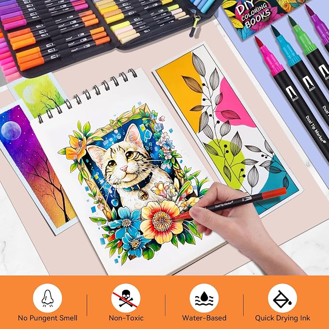 72 Colors Dual Watercolor Markers Pens for Adult Coloring Books with Bag | Art Marker Set with Fine & Brush Tip Pen for Bullet Journaling, Coloring, Drawing, Hand Lettering, Calligraphy, Art Supplies