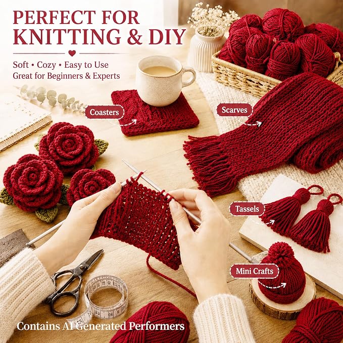 MAQIHAN Acrylic Yarn for Crocheting - Soft Knitting Yarn for Crafts, 15x20g | Wine Red Skeins for Crocheting DIY Bulk for Handicraft Knitting Scarves Ideal Gift for Beginners Adults