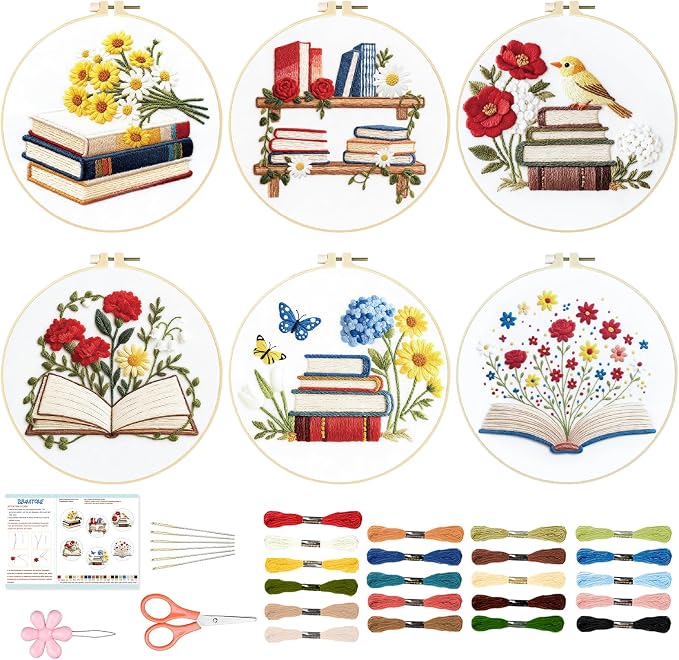 BEUNITONE 6 Set Books Flowers Embroidery Kit for Adult Beginners with Hoops and Instructions Literary Themed Needlepoint Craft Kits Complete DIY Handmade Cross Stitch Set for Book Lovers Home Decor