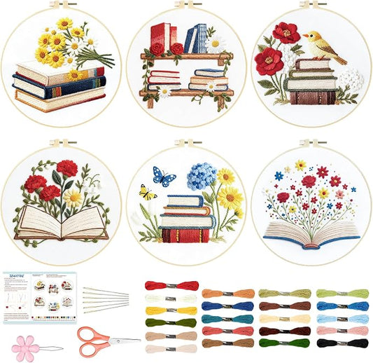 BEUNITONE 6 Set Books Flowers Embroidery Kit for Adult Beginners with Hoops and Instructions Literary Themed Needlepoint Craft Kits Complete DIY Handmade Cross Stitch Set for Book Lovers Home Decor