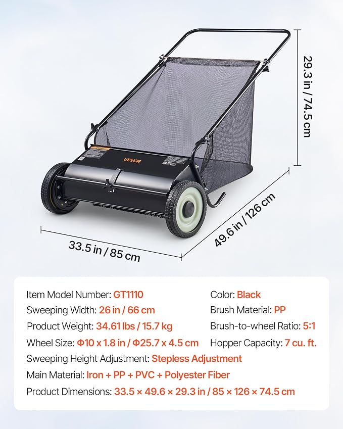 VEVOR Push Lawn Sweeper 26 Inch Leaf & Grass Collector Strong Rubber Wheels