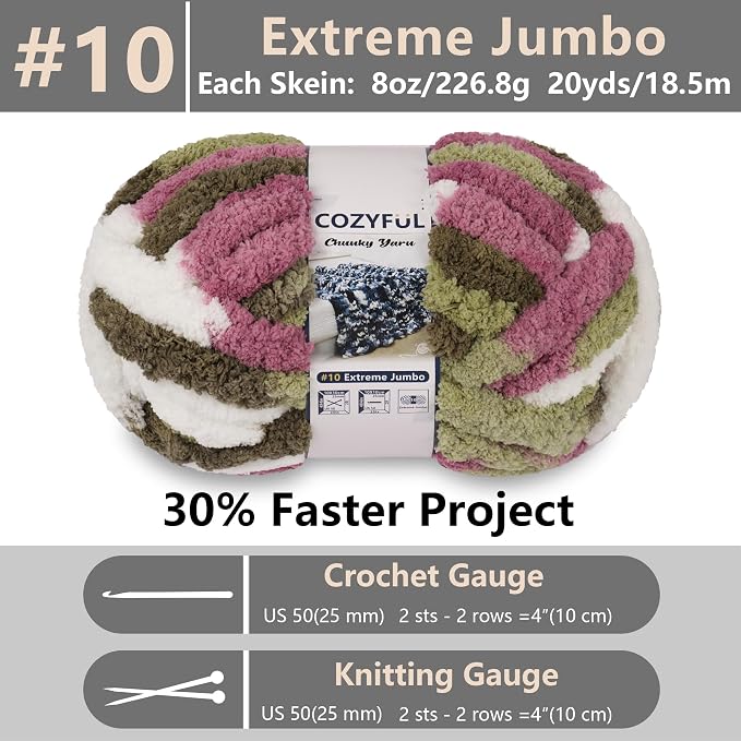 Cozyful Chunky Yarn for Hand Knitting - #10 Chunky Chenille Blanket Yarn, Jumbo Big Thick Chunky Yarns for Crocheting, Tie Dye Bulky Knit Yarns, 8 Skein (20 yds 8 oz Each Skein), Multi Green&Plum