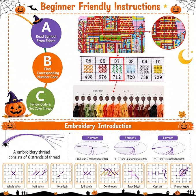 Halloween Cross Stitch Stamped Kits for Adults Beginners, Horror Embroidery