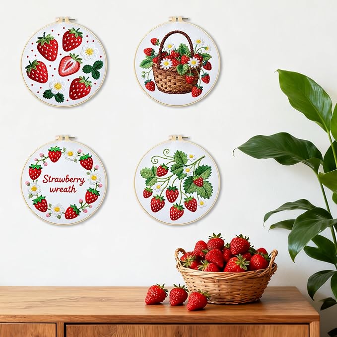 BEUNITONE 4 Set Strawberry Embroidery Kit for Adult Beginners 7.9"x7.9" DIY Stamped Needlepoint Kits with Pre-Printed Designs, Complete Handmade Embroidery Craft for Relaxing Hobby and Home Decor