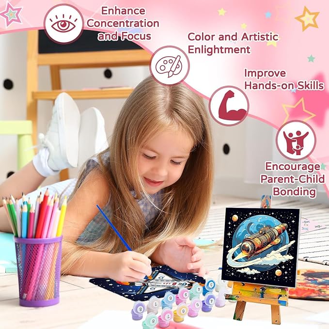 cviokrdu 4 Pack Paint by Numbers Kit for Kids with Frame - Wooden Easel, Outer Space Paint by Numbers for Kids Ages 4 8 12, Easy Astronaut Acrylic Oil Painting Kits for Home Wall Decoration 8x8 inch