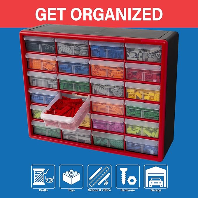 Akro-Mils 24-Drawer Plastic Storage Cabinet, 20"W x 6"D x 16"H, Red | Plastic Cabinet w/ Drawers for Garage Organization, Beads, Building Bricks Storage, Teacher Toolbox, Makeup Organizer, 10124