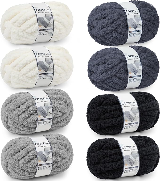 Cozyful Chunky Yarn for Hand Knitting - #10 Chunky Chenille Yarn, Jumbo Big Thick Chunky Yarns for Crocheting, Super Bulky Chunky Knit Blanket Yarns, 8 Skein (22yd, 8oz/Skein), Cream & Multi Grey