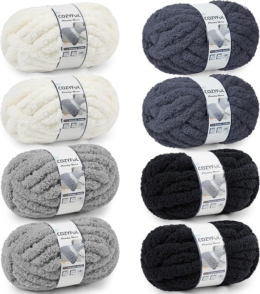 Cozyful Chunky Yarn for Hand Knitting - #10 Chunky Chenille Yarn, Jumbo Big Thick Chunky Yarns for Crocheting, Super Bulky Chunky Knit Blanket Yarns, 8 Skein (22yd, 8oz/Skein), Cream & Multi Grey
