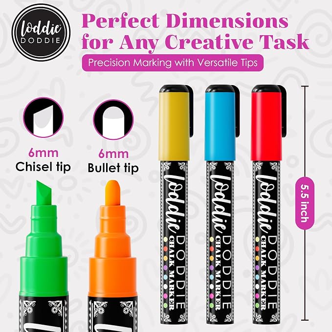 Loddie Doddie Liquid Chalk Markers, Chalkboard Markers, Dual Tips, 8 Pack | Classroom & Office Labels, Glass Markers for Windows, Non-Toxic Low Odor, Vivid Colors, Chalk Markers for Blackboard
