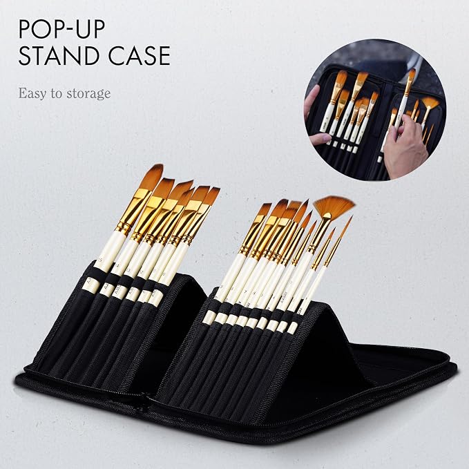 18 Piece Paint Brush Set, ARTIFY 15 Acrylic Paint Brushes, Palette Knife, and 2 Sponges, Professional Artist Paint Brushes for Acrylics, Watercolors, Gouache, Canvas, and Face Painting, Ivory White
