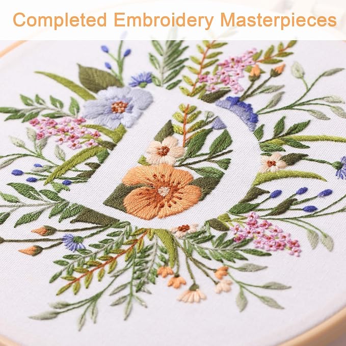 Harimau Letter D Pattern Embroidery Kit for Adult Beginners, Complete Starter Pack with 1 Hoop, Needles, Instruction Guide & Embroidery Stitch Video Tutorials