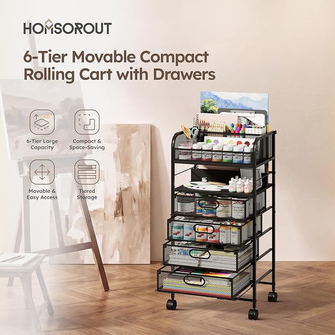 Homsorout Rolling Art Cart with 4 Drawers, Black