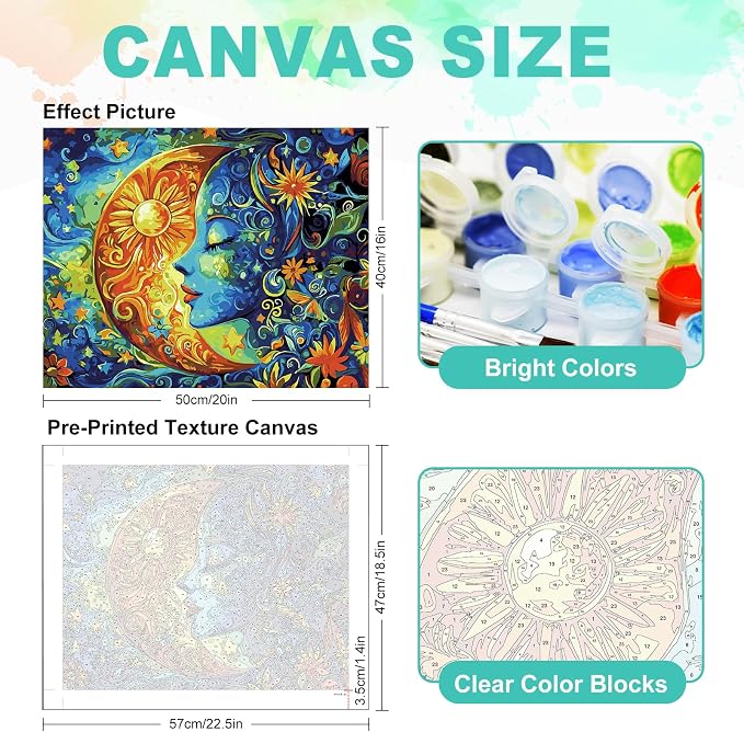 Paint by Numbers Kit for Adults, Sun and Moon Number Painting, 16 x 20 Inch | DIY Adult Paint by Number Kit on Canvas for Beginners, without Frame, Fantasy Wall Decor, Stress Relief Craft Gift