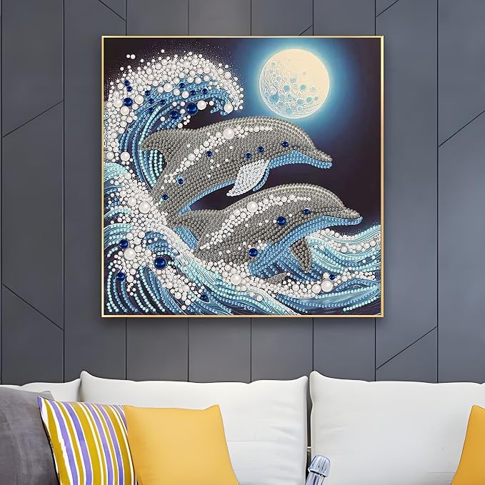 Dolphin Pearl Diamond Art Kits for Adults,Full Drill Dot Art 11.8 x 11.8In | 5D Diamond Painting Kits ,DIY Diamond Dots Gem Art Craft, Beginners Home Wall Decor