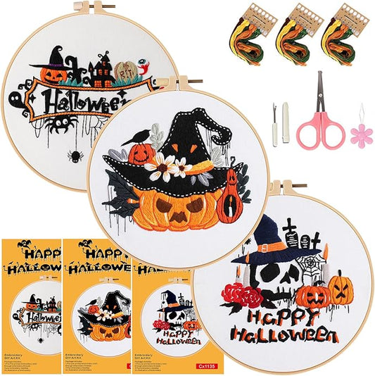 COCOMOX Embroidery kit for Beginners, Halloween Hand Craft Gift | 3 Different Gothic Halloween Pattern, Cross Stitch Kits, Needpoint Craft Kit DIY