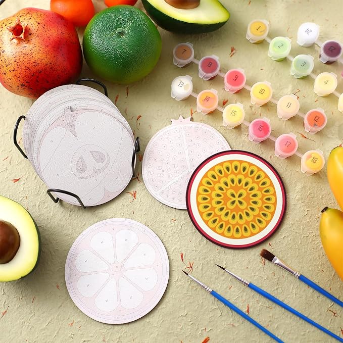 Reallnaive 8 Pcs Fruit Paint by Numbers Kit for Adults Wooden Coasters | Mini Paint by Numbers, Tiny Round Oil Painting Drink Coaster with Holder, for Small DIY Craft Birthday Gift