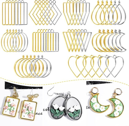 Puocaon Bezels for Clay Jewelry Making - Frame Pendants for Polymer Clay Jewelry Making, Gold Silver Bezels for Earrings, Polymer Clay Supplies, Frame Pendant Earrings Making (60 Pcs)