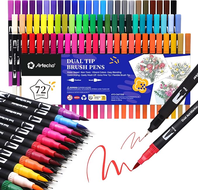 Artecho 72 Colors Dual Tip Markers for Adult Coloring Books | Drawing Pens For School, Fine and Brush Tip, Calligraphy, Drawing, Sketching