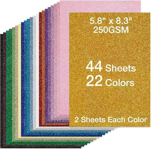 TORC 44 Sheets Glitter Cardstock Paper, 22 Colors A5 Sparkle Paper, 250GSM Heavy Craft Cardstock for Cricut, Die Cutting, Scrapbooking, Card Making, Party Decorations, Invitations, Non-Shedding
