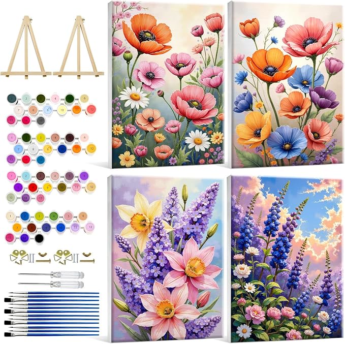 HeeBenor 4 Pack Flowers Paint by Numbers Kit for Adults Framed Canvas