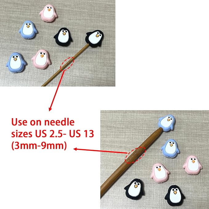 SPANSEE 6 PCS Penguin Knitting Needle Point Protectors, Knitting Needle End Caps, Stitch Stoppers for Knitting Needles, Knitting Accessories fit Size 2.5-13 (3mm-9mm) Needles