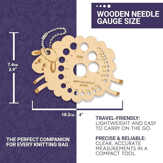 The Quilted Bear Wooden Knitting Needle Gauge - Knitting Gauge Measuring Tool for Accurate Needle Measurements with Metric & Imperial Sizes 0.7mm to 15mm & US 6-0 to 19 in Various Fun Designs (Sheep)