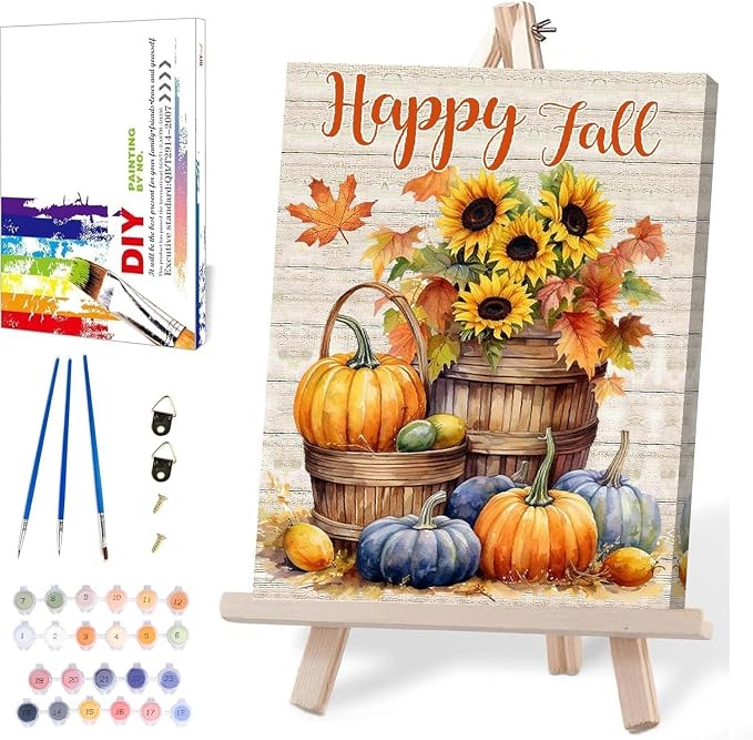 MIRCVSH Happy Fall Paint by Numbers for Adults with Framed Canvas-with Wooden Easel,Pumpkins Paint by Number on Canvas,DIY Painting Kits with Brushes Nice Gift Box for Home Wall Decor(12x16 Inch)