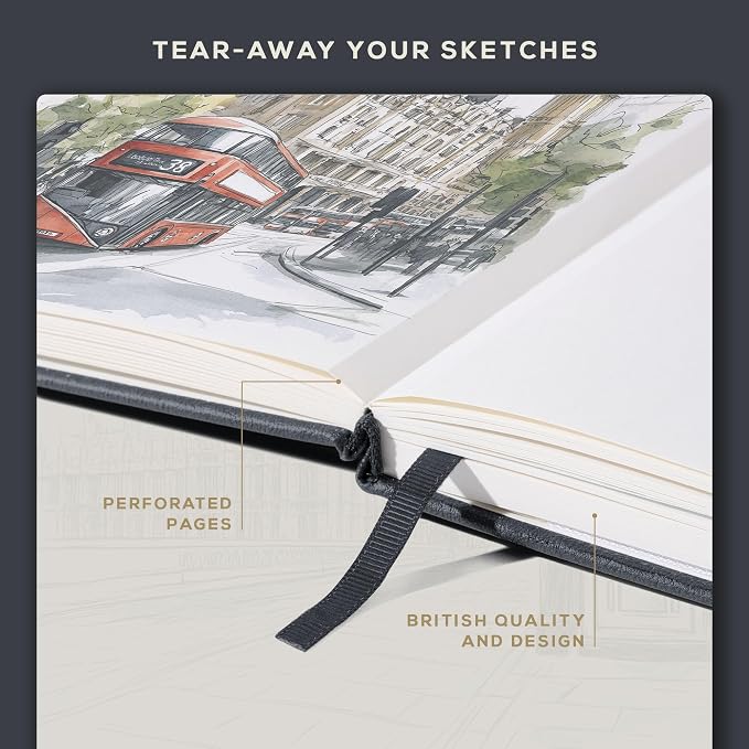 Beechmore Books A5 5.8x8.3 Mixed Media Sketchbook 160 GSM/98LB, Gift Box | Hardcover Art Journal with Lay-Flat Binding, 156 Perforated Ivory Pages, Portable Size for Drawing, Ink & Light Watercolor