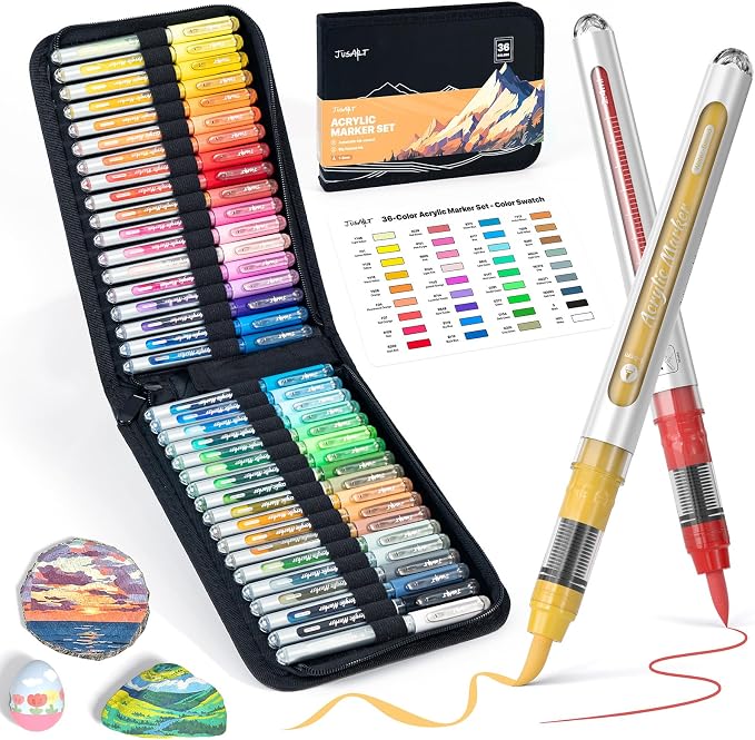 JusArt 36 Colors Acrylic Paint Markers Brush Tip, Automatic Ink Control