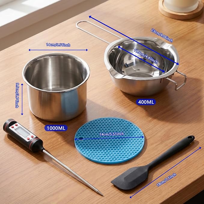 Double Boiler Pot for Melting Wax, Stainless Steel Candle Making Kit with Silicone Spatula, Thermometer & heat-resistant mat for Soap Chocolate DIY Crafts(1000ml+400ml)