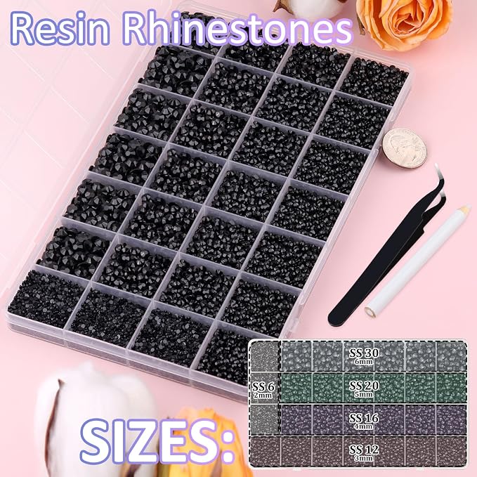 30000Pcs Resin Rhinestones for Bedazzling with Tweezers, Black Rhinestones for Crafting with 3Pcs 10ml B7000 Jewelry Glue for DIY Crafts Clothing Tumblers Shoes Fabric Nail Art