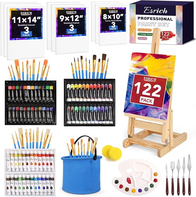 ESRICH 122PCS Acrylic Paint Set, Canvas Painting Kit with 72 Paints | Tabletop Wooden Easel, Oil, Watercolor & Acrylic Paint, Canvas, Brushes, Palettes, Painting Set for Kids Adults