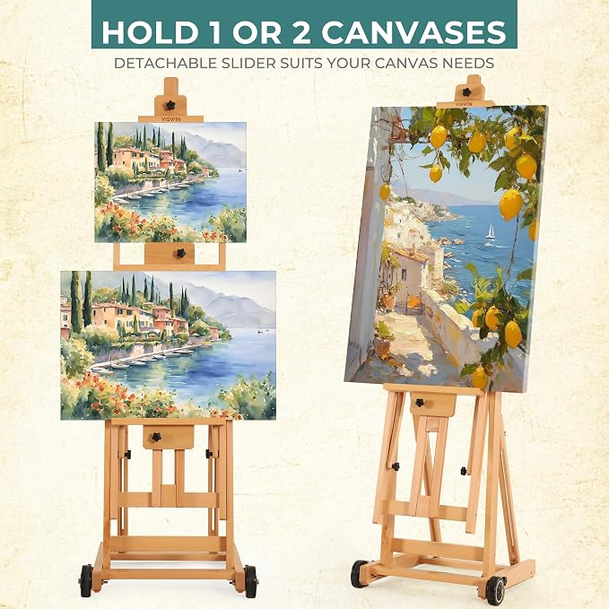 VISWIN Studio H-Frame Easel, Tilting Flat & Adjustable Beech Wood Art Easel for Painting, Movable Large Easel Stand for Adults, Artists, Hold 1 or 2 Canvas up to 78" - Natural
