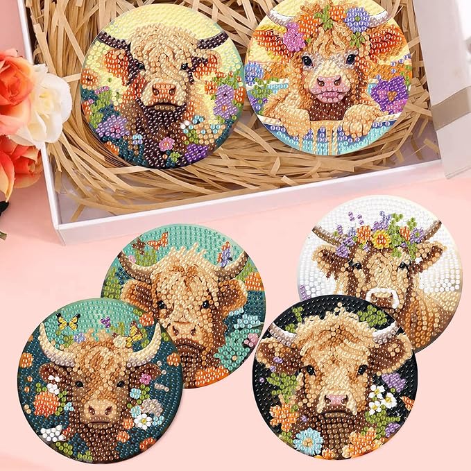 mrpwnle 8 Pack Highland Cow Diamond Art Coasters Kits for Adults Beginners