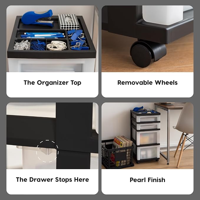 IRIS USA 4-Drawer Rolling Storage Cart with Organizer Top, Black/Pearl