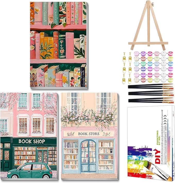 Mandun Book Shop Paint by Numbers Kit for Adults, 3 Pack, 7.8x11.8 inch | DIY Painting Kits Crafts for Adults, Relieve Stress, Frame Canvas, Wooden Easel, Gift Box, Home Wall Decor