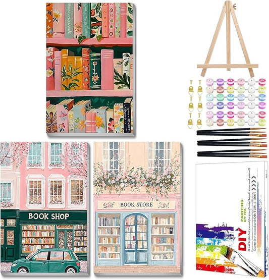 Mandun Book Shop Paint by Numbers Kit for Adults, 3 Pack, 7.8x11.8 inch | DIY Painting Kits Crafts for Adults, Relieve Stress, Frame Canvas, Wooden Easel, Gift Box, Home Wall Decor
