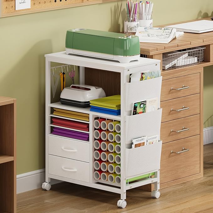 Craft Organizer and Storage Cart Compatible with Cricut Machine Stand Rolling Craft Cabinet Table with Drawers Shelf Vinyl Roll Holders Accessories Holder Tool Hooks for Craft Workstation Room-White