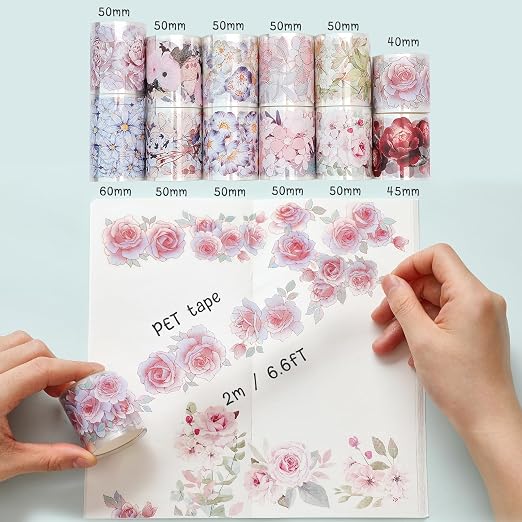 Floral Washi Tape Set - 12 PET & Washi Tapes for Journaling Stickers, Scrapbooking Supplies, Planner, Bullet Journals,Arts & Crafts. Use as Stickers