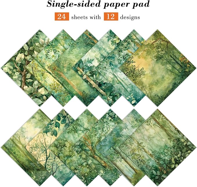 Green Scrapbook Paper Pad 6 x 6 in- 24 Sheets Forest Patterned Designed Tree Decorative Decoupage Folded Card Material Gift Wrapping Planners Junk Journal DIY Crafts Photo Album