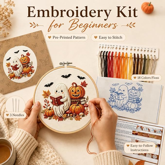YOUDRN Halloween Ghost Reading Book Embroidery Kit for Beginners Adults