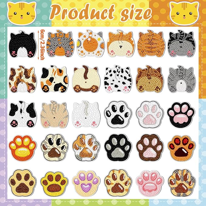 Remuuly 30 Pcs Cat Paw Butt Diamond Painting Magnets Diamond Art Magnet Kit | Cute Diamond Art Kits for Adults, 5D Rhinestone Refrigerator, Fridge Magnetic Sticker, Diamond Club Gift, Beginner DIY Crafts