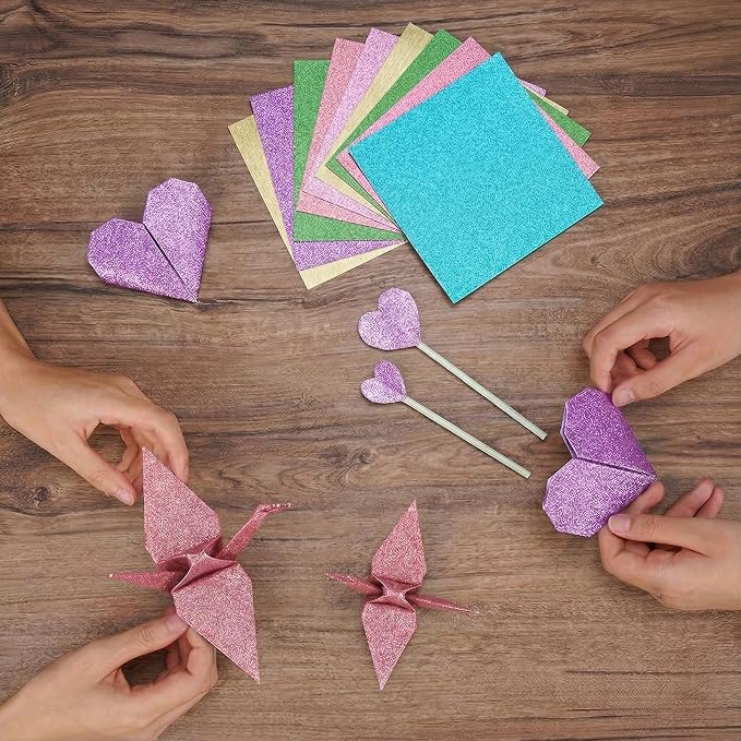 JoyCat Pastel Glitter Origami Paper, 50 Sheets, 5 Colors, 6x6 Inch | Five soft glitter colors add delicate shimmer to origami, party decor, gift accents, journaling and romantic paper crafts.