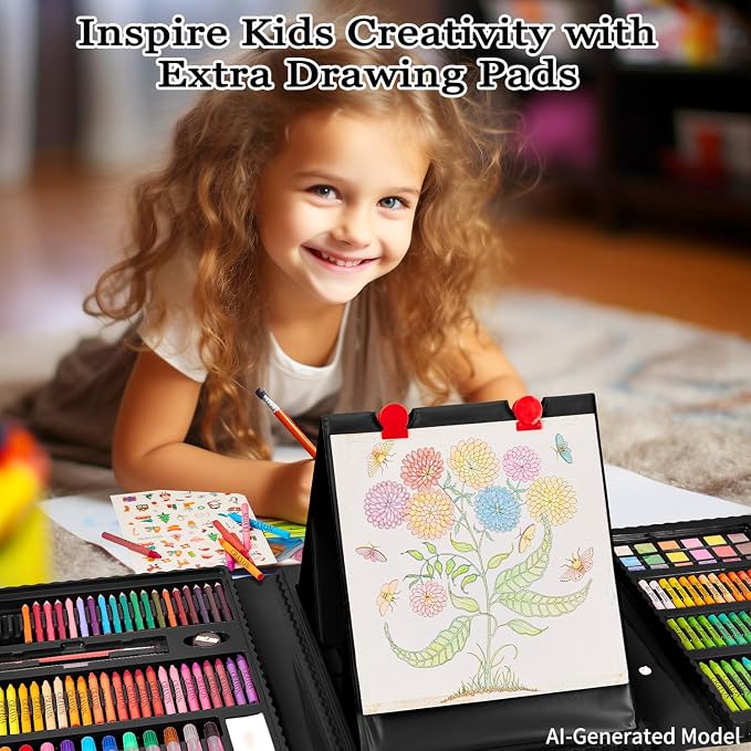 KINSPORY Art Set for Kids, 290 Pack Double-Side Easel Drawing Kits - Black