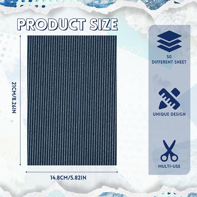 50 Sheets Unique Handmade Textured Scrapbook Paper & Mesh Fabric Set - Junk Journal Supplies Craft Paper for Scrapbooking Journaling Supplies for Junk Journal Retro Crafts（Blue）