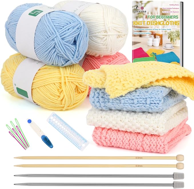 Aeelike Knitting Kit for Beginner Adult, Easy Dishcloth Knit Set, Color B | Knitting Set with Knitting Needles Milk Colorful Cotton Yarn Step-by-Step Instructions, Learn Basic Knitting, Ideal Gift